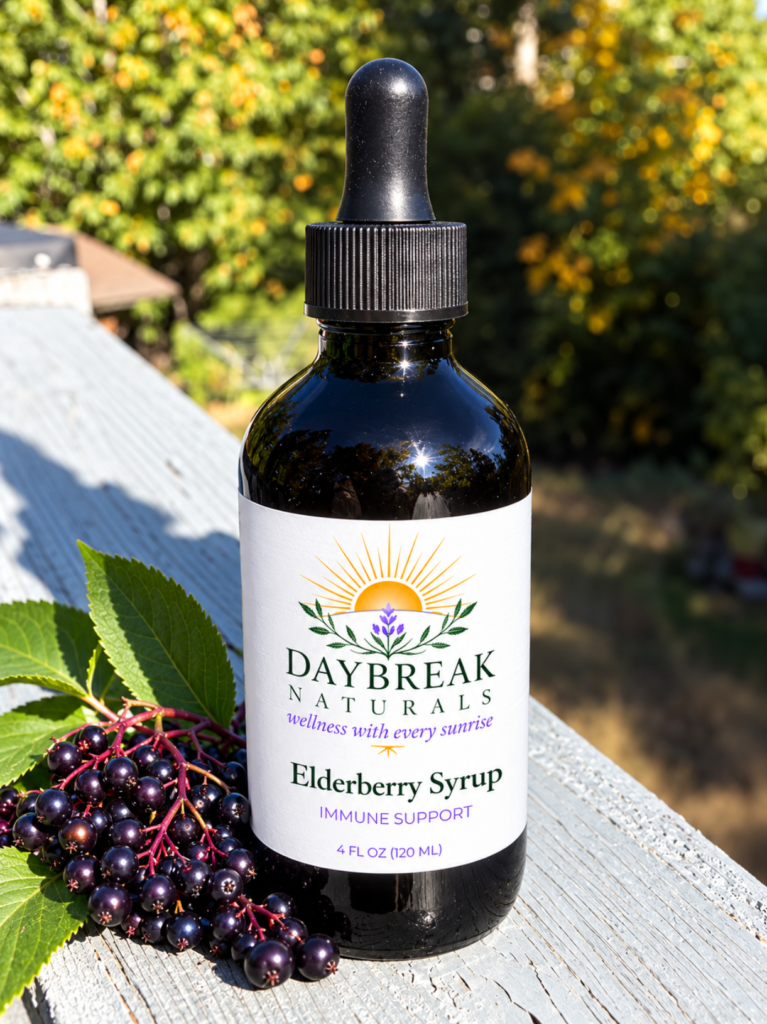 bottle of elderberry syrup with berries