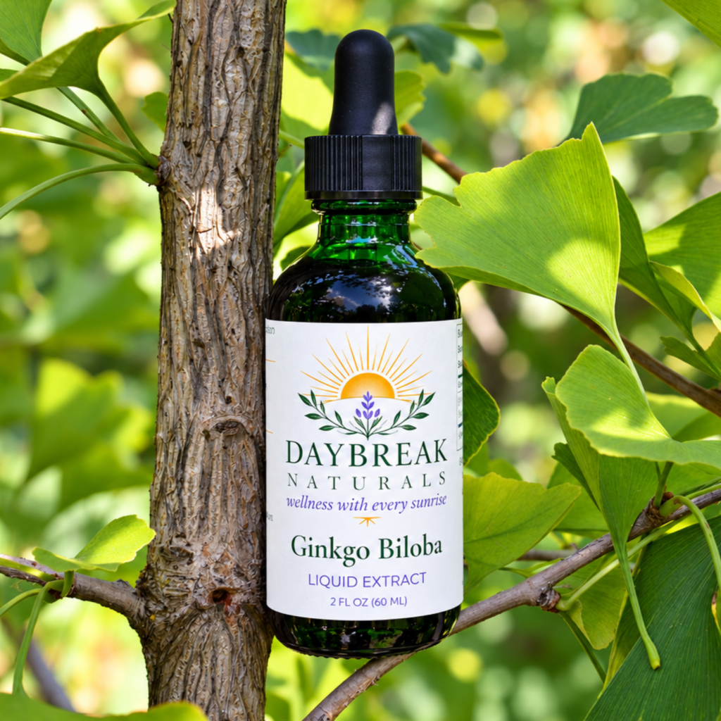 Tincture bottle of Ginkgo biloba sitting in a Ginkgo tree.